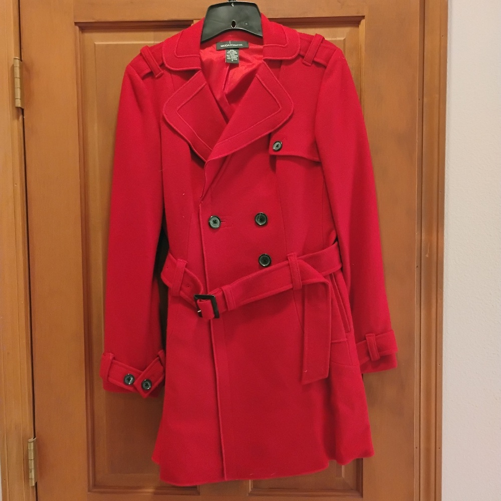 Moda Int'l Red Belted Wool Pea Coat